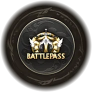 Kulatý tmavý medailon se zlatým okřídleným znakem a nápisem BATTLEPASS