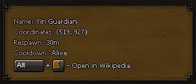 Informace o bossovi Yin Guardian se souřadnicemi, časem respawnu, stavem a zkratkou pro otevření na Wiki